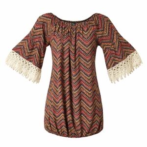 WinWin Womens Multicolor Chevron Blouse Lace Sleeve Elastic Waist Peasant Sz Med